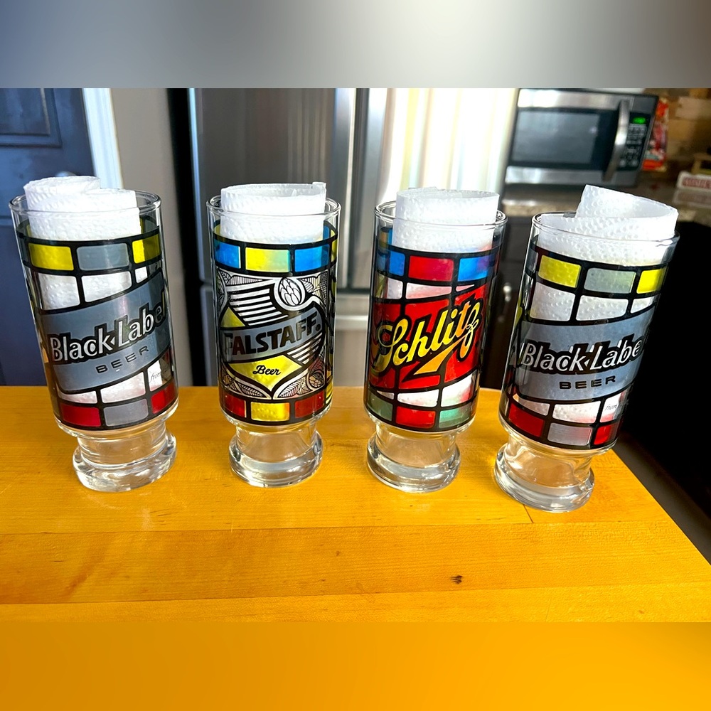 Vintage set of 4 “stained glass” glasses (2 Black Label, 1 Falstaff, 1 Schlitz)